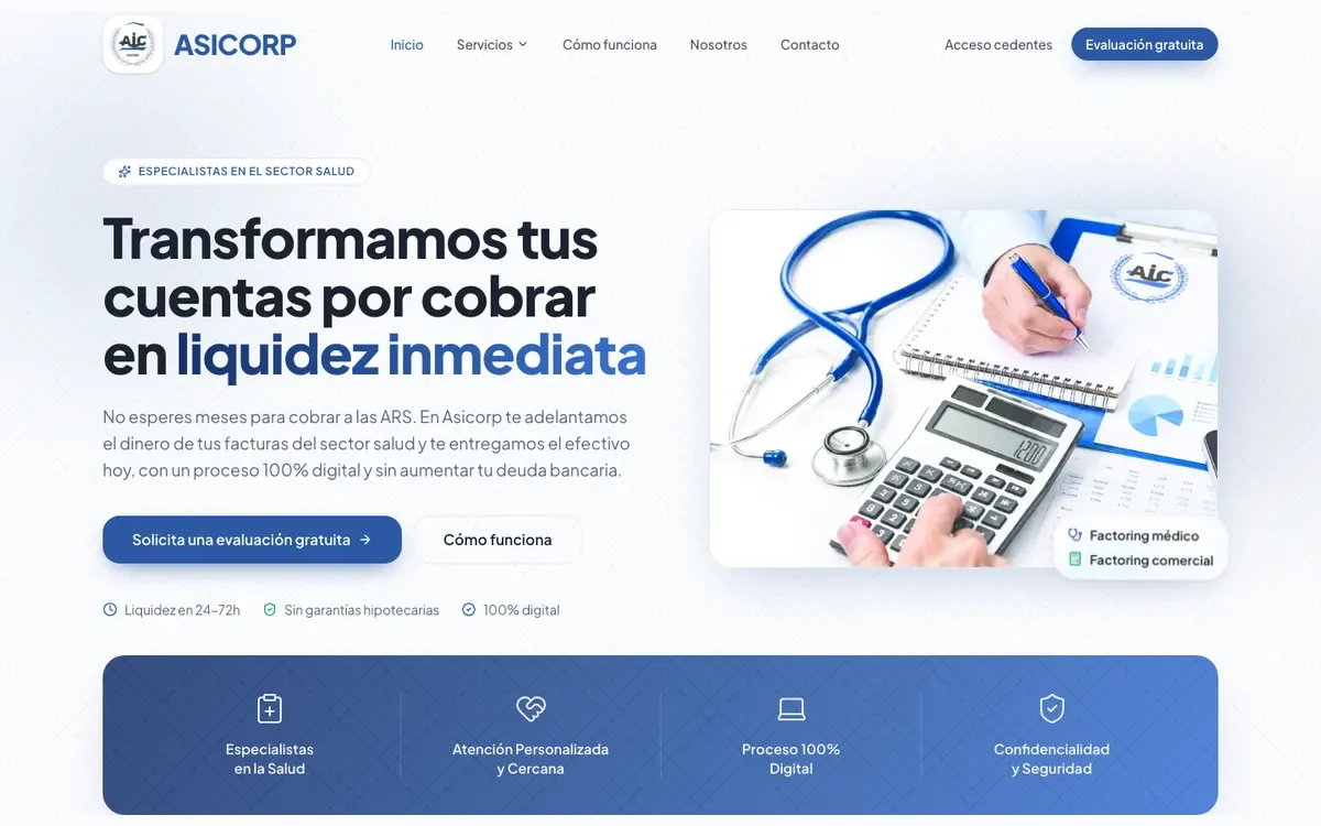 Sitio de ASICORP hecho por TZCode con portal privado de cedentes