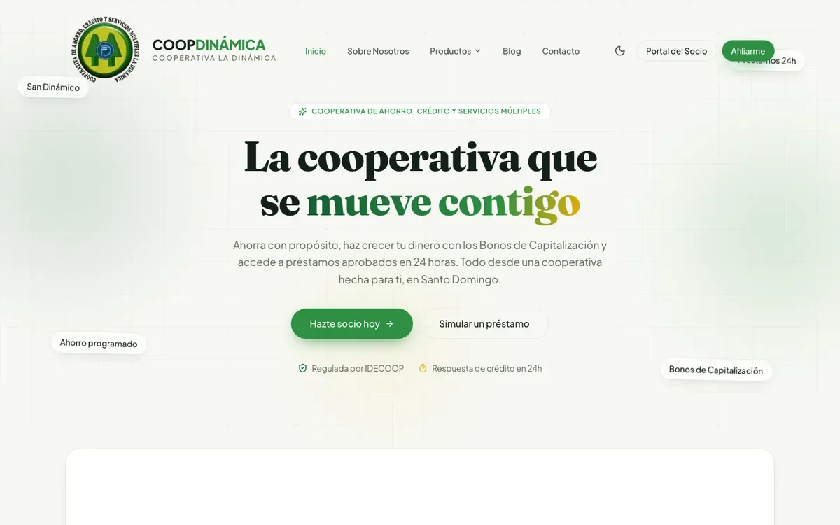 Sitio de COOPDINÁMICA hecho por TZCode con simulador de préstamos