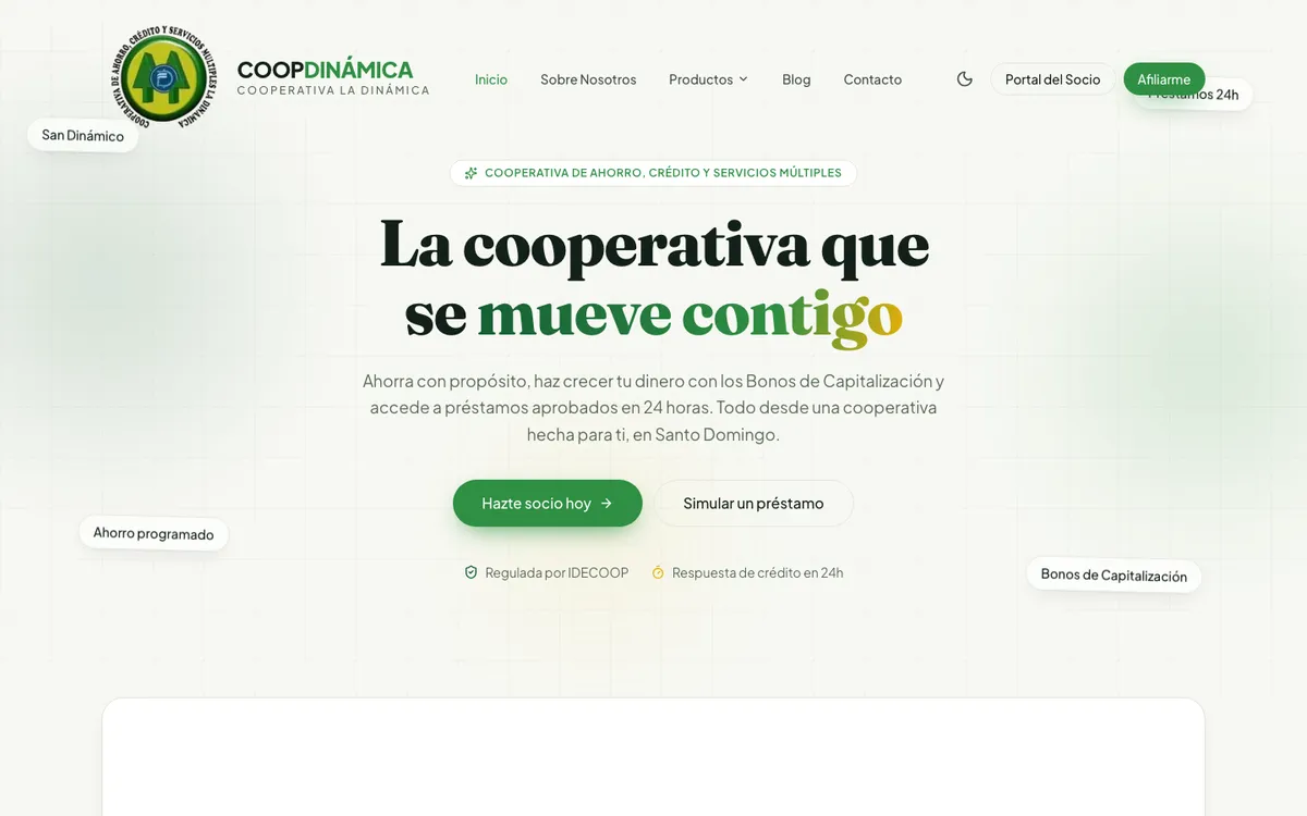 Sitio web de COOPDINÁMICA, cooperativa de ahorro y crédito en Santo Domingo