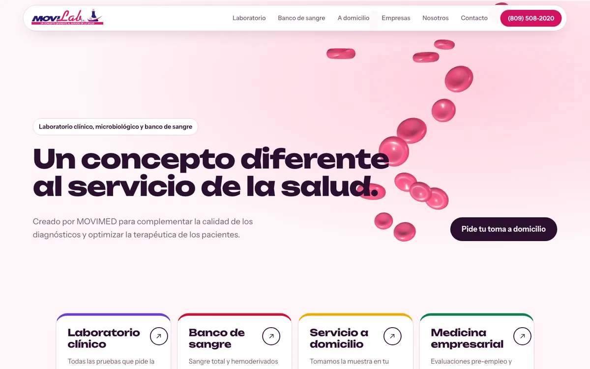 Sitio web de Movilab, laboratorio clínico y banco de sangre con toma de muestras a domicilio